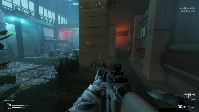 Trying to complete a difficult level in the warfare computer game. Shooting at the NPC controlling the bomb site in computer game level. Dying and failing a hard level in the modern computer game.