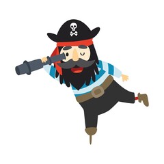 A cute pirate is holding a spyglass in his hand. A postcard in a children's cartoon style. Vector illustration for designs, prints and patterns.