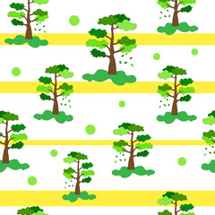 Ecological, natural, Seamless pattern deciduous tree, oak with green crown, falling leaves, with horizontal stripes of yellow.   Vector Eps 10