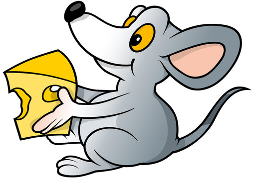 Gray Mouse Holding Cheese in its Paws - Colored Cartoon Illustration from Side View Isolated on White Background, Vector