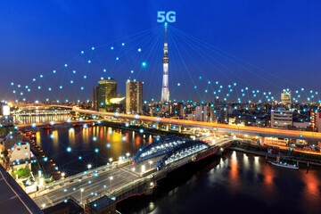 Fototapeta na wymiar 5G wireless and network and smart city concept. Urban city with things and services icons connection, internet of things, high speed connection flat design.
