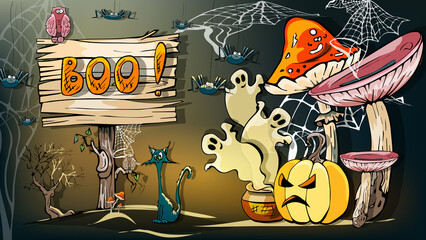 halloween card, hand drawing pumpkin, mushrooms, ghost, spiders, cobweb, cat, halloween greeting card design on dark background