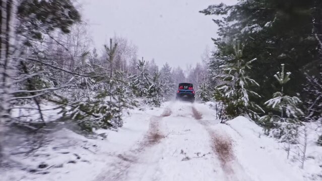 Extreme travel through the forest with snowfall on mud behind buggy.
