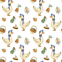 Goose and country life. Eco product. Illustration on vintage style. Seamless pattern.