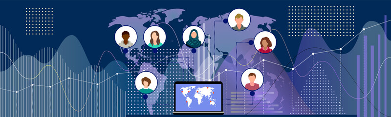 Concept of global communication around the world, remote work. The scheme of relations between workers. Analysis data, graph, growth, marketing, analytics, finance on the background of the world map.