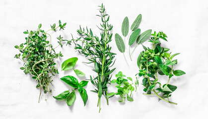Fragrant herbs for cooking food on a light background, top view