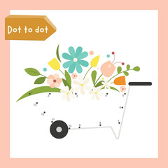 Farm activities for kids. Dot to dot game – garden wheelbarrow with flowers. Numbers games for kids. Coloring page. Vector illustration.