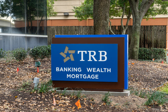Houston, Texas, USA - March 6, 2022: TRB (Texas Regional Bank)&rsquo;s sign at its office in Houston, Texas, USA. Texas Regional Bank is an American privately owned institution. 
