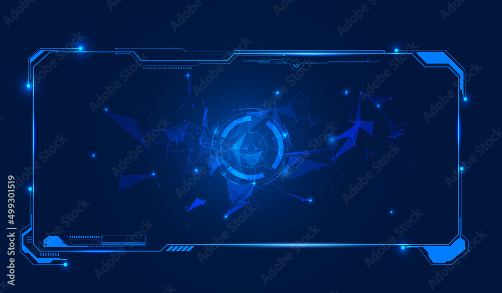 Fototapete HUD UI Frame Futuristic Blue Screen Color Background Security System Simulation Concept Vector. Polygon Plexus Structure Line Dot Data Connection Transfer Illustration.