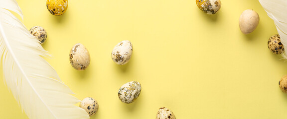 Wide Easter banner with coloured quail eggs and feathers on a yellow monochrome background with a copy space. Top view, flat lay