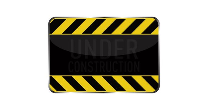 Animated video icon illustration with text Under Construction with blink text and running stripe on yellow and black banner background on white background