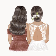 Bride and bridesmaid with tan skin. Hand drawn illustration