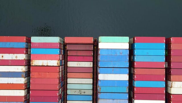 Aerial view above cargo containers at the Port of Los Angeles, USA - top down, drone shot