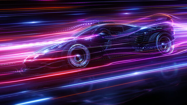 Speeding Sports Car On Neon Highway. Powerful acceleration of a supercar on a night track with colorful lights and trails. 3d render