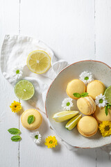 Tasty and sweet lemon macaroons as a spring snack.