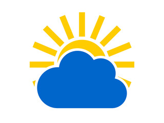 Blue cloud and yellow sun. Weather forecast icon isolated on white background. 