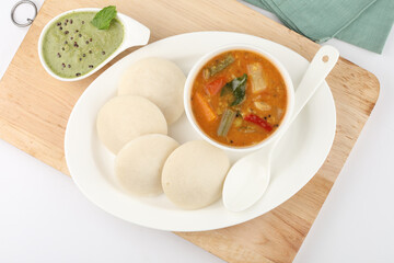 Steamed Idli with sambhar and chutney, South Indian breakfast