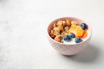 Fototapeta na wymiar Oatmeal granola with yogurt, berries, fruits and nuts in a bowl on the table. Healthy breakfast
