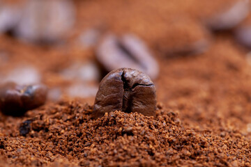 roasted coffee beans and a bunch of ground natural coffee