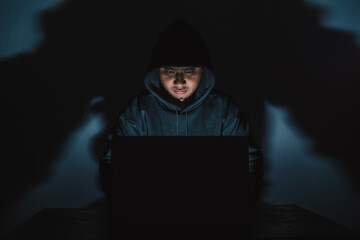 A hacker wears a long-sleeved shirt with a hood covering his head. Sitting in a dark room using a laptop The concept of identity theft on the Internet camp network. with copy space.