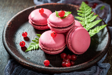 Tasty and sweet red currant macaroons as a spring snack.
