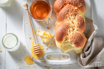 Healthy and sweet golden challah with honey and milk.