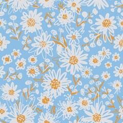 Fototapeta na wymiar Seamless pattern with chamomile flower on a blue background