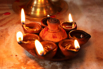 Indian Traditional sand Oil Lamp Varalakshmi,Traditional Ornamental sand Lamp. with blur background