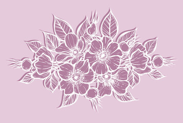 Fototapeta na wymiar Vector illustration. Rosehip flowers, card for you, line art style, Handmade, line art style