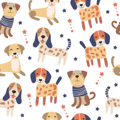 Seamless pattern with dogs, children textile design. Vector illustration.