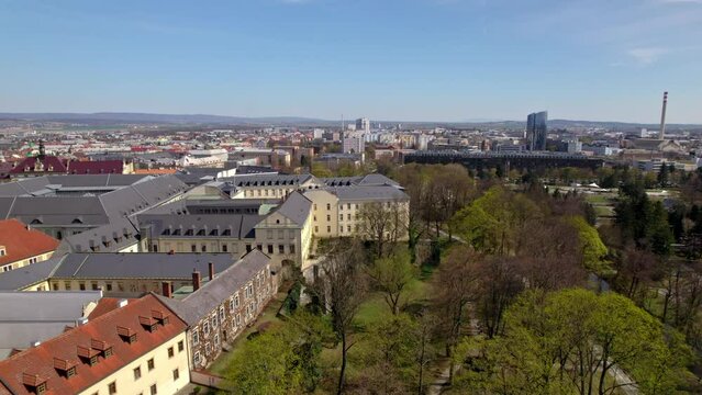 Aerial drone shot of city Olomouc, University of Palacky  at Olomouc.  The gray roofs of the buildings belong to Palack&yacute; University