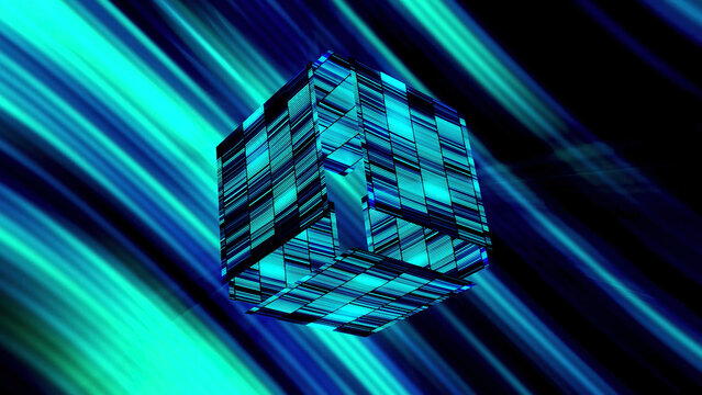 Abstract glowing cube with blue rays of light. Motion. Striped neon cubic shapes falling apart on shimmering background.