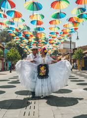 Dancers of typical Mexican dances from the region of Veracruz, Mexico, doing their performance in...