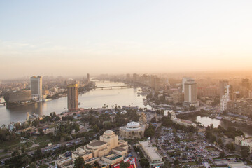 CAIRO, EGYPT - DECEMBER 29, 2021: Beautiful view of the center of Cairo and Zamalek island from the Cairo Tower in Cairo, Egypt