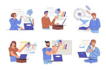 Business scenes with men and women working at home or office, flat cartoon vector illustration isolated on white background. Business analytics, development strategy, remote work.