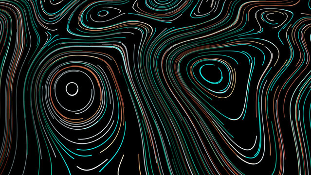 Abstract visualization of vacuole silhouettes by moving neon narrow lines on a black background. Motion. concept of microbiology science.