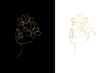 Abstract face with flowers by one gold line vector drawing. Portrait minimalistic style. Botanical print. Modern continuous line set	