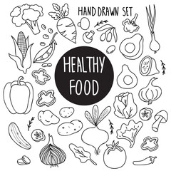 Healthy food. Big set of linear vector vegetables. Root vegetables and mushrooms, avocado and olives, tomato and corn, onion and garlic, cucumber and lemon. Isolated hand drawn doodles for design