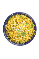 Kande Pohay OR Aloo Pohe is a popular Indian breakfast recipe made using Flattened rice, usually served with hot tea. Served in a bowl over moody background. Selective focus