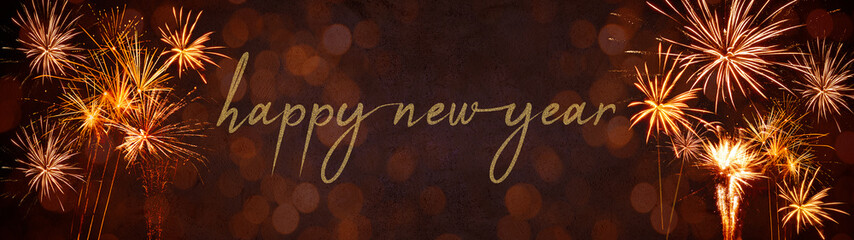 Fototapeta premium Happy New Year 2023, New Year's Eve Party Silvester background banner panorama long- Golden yellow firework on rustic red stone concrete texture, top view with space for text.