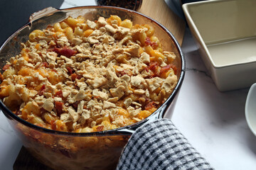 Bacon Mac and Cheese Casserole with a crushed cracker and cheese topping