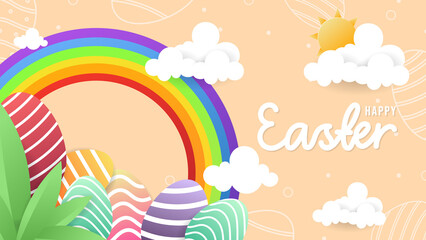Naklejka premium Happy Easter Day with Eggs in the Green Meadow and rainbow and clouds on orange background ,illustration Vector EPS 10