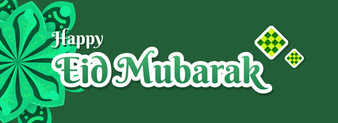 Eid Mubarak Banner with Mandala and Ketupat for Islamic Eid Fitr Celebration Green Color after Ramadan