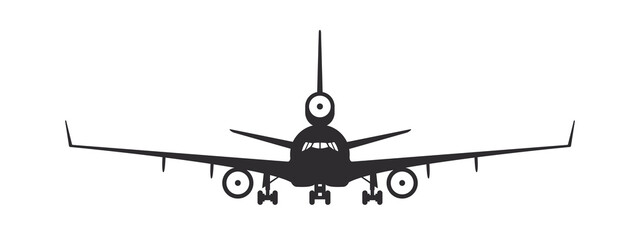 Airplane. Plane with three engines. Airplane silhouette front view. Flight transport symbol. Vector image
