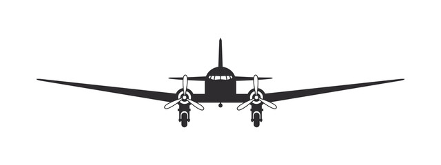 Airplane. Propeller plane. Airplane silhouette front view. Flight transport symbol. Vector image © Роман Ярощук