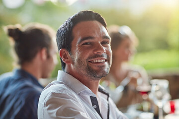 My friends have become my family. Portrait of a happy young man sharing a meal with friends at an outdoor dinner party.