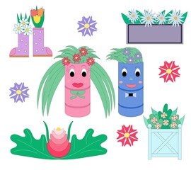 Set of garden flowers. Boots, barrels and different containers for flowers are used. Cartoon characters in the form of a pair of barrels with flowers. Vector flat illustration.
