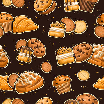 Vector Bakery Seamless Pattern, repeat background with set of cut out illustrations sweet bakery, marie cookie, traditional french sweets with custard creme, drizzle danish cinnabon on dark background