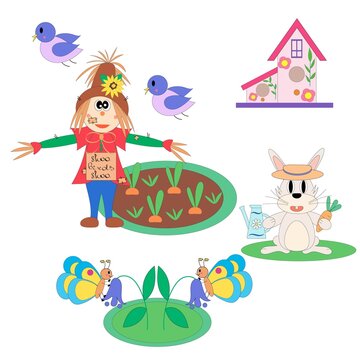 Set with garden characters. Cute scarecrow, rabbit, birds and butterflies. Vector flat illustration.
