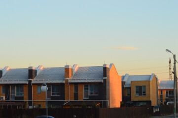 Townhouses at sunset in April, Peterhof, St. Petersburg, Russia